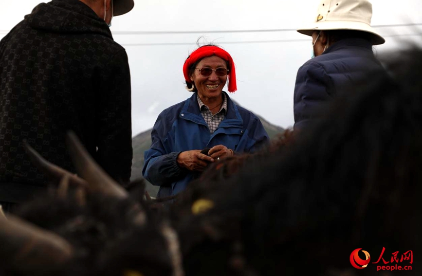 圖為當(dāng)雄縣郭慶村排隊領(lǐng)取牦牛的村民。人民網(wǎng)記者 次仁羅布攝